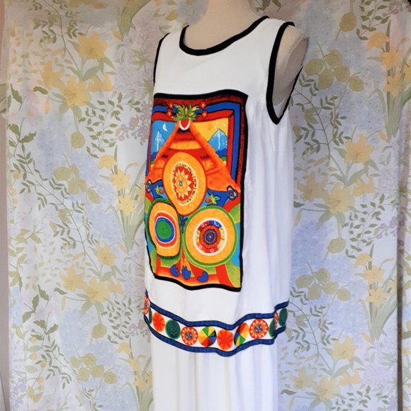 Vintage 1980s Lori Ann Sleeveless Midi Dress Mystical Symbols S 10 - Picture 5 of 13